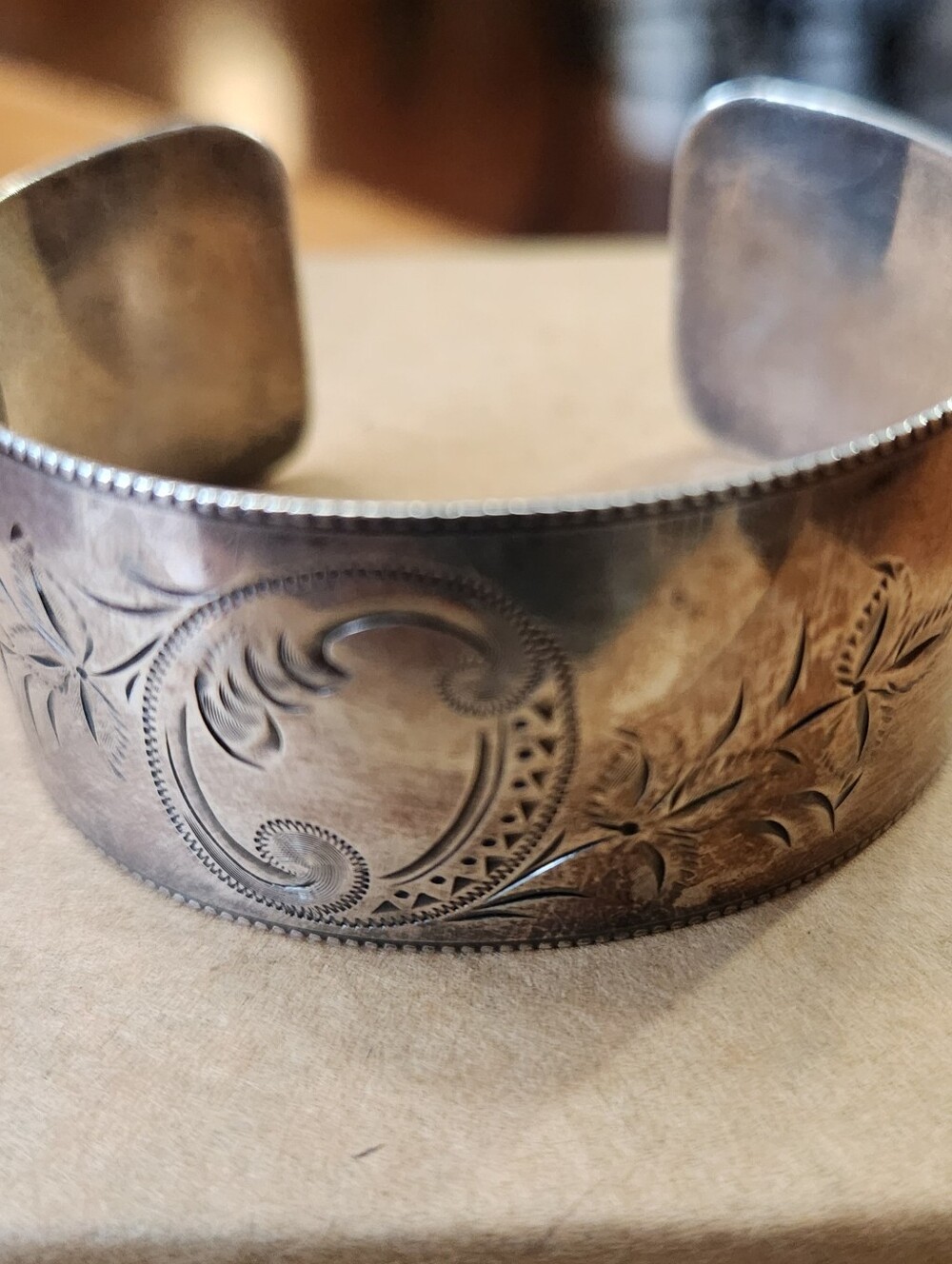 Vintage STERLING engraved Beaded Edge Cuff Bracelet. Beautiful Classic!